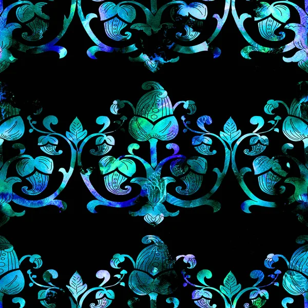 Watercolor seamless ethnic floral damask pattern. Traditional ornament of Russia with hop vines, shades of violet and turquoise on black background. Textile design.
