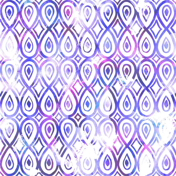 Watercolor seamless ethnic abstract all over pattern. Traditional oriental ornament with teardrop and rhomboid shapes, shades of violet on white background. Textile design.
