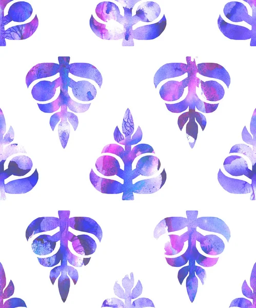 Watercolor seamless ethnic floral all over pattern. Traditional Russian motif , shades of violet on white background. Textile design.
