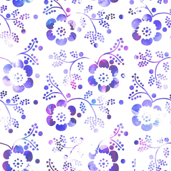 Watercolor seamless ethnic floral all over pattern. Traditional Russian motif with blossoms, branches and dots, shades of violet on white background. Textile design.