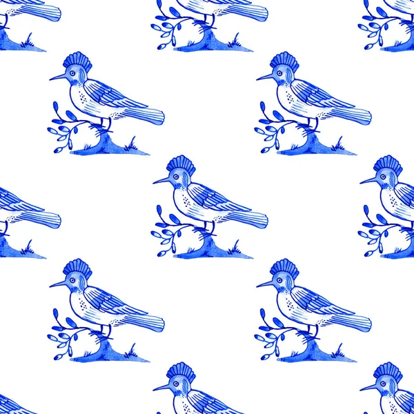 Delft blue style watercolour seamless pattern. Traditional Dutch motif with hoopoe birds, cobalt on white background. Wallpaper. Textile print.