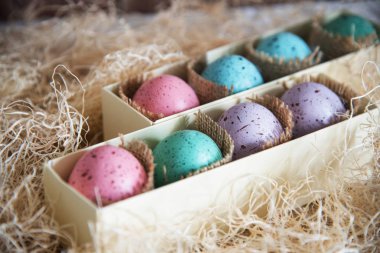 renkli boyalı Paskalya yumurtaları bir hediye kutusunda, muhtelif, woodchips ile