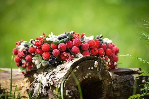 Věnec zdobený červené bobule ležící na stromě. — Stock fotografie