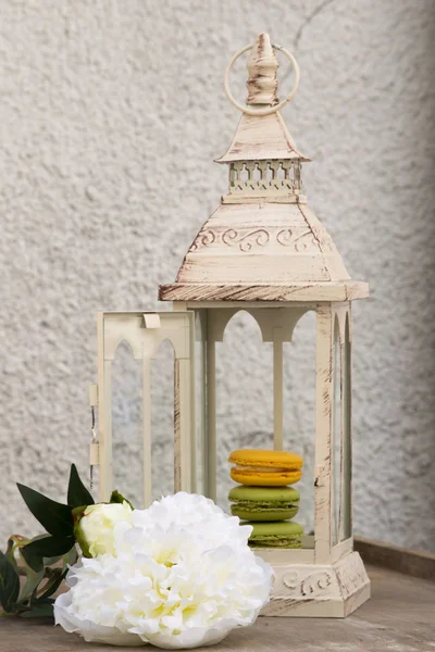 Maccheroni da dessert francesi in lanterna con peonia bianca — Foto Stock