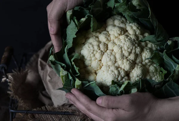 Kadınların elleri taze çekilmiş karnabahar tutun