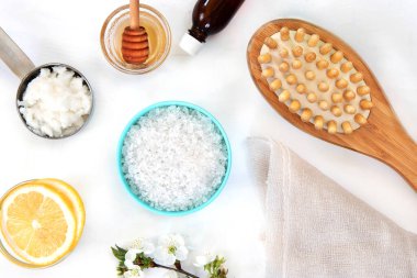 Spa ve Sağlık - Banyo fırçası, deniz tuzu ve hindistan cevizi yağı. Selülit Masaj Malzemeleri. Düz yatıyordu.