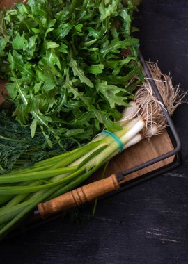 Tahta tepside taze roka yaprakları ve yeşil soğan. Üst görünüm