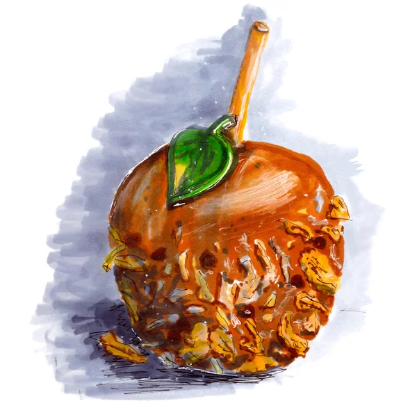 Marker sketch of coated caramel apple. Halloween dessert on wooden stick with walnut, chocolate, coconut, taffy. Tasty food. Gray shadow. Isolated on white background. Hand drawing on paper. Macro cutout. Brown, green, yellow, gray. Creativity, art.