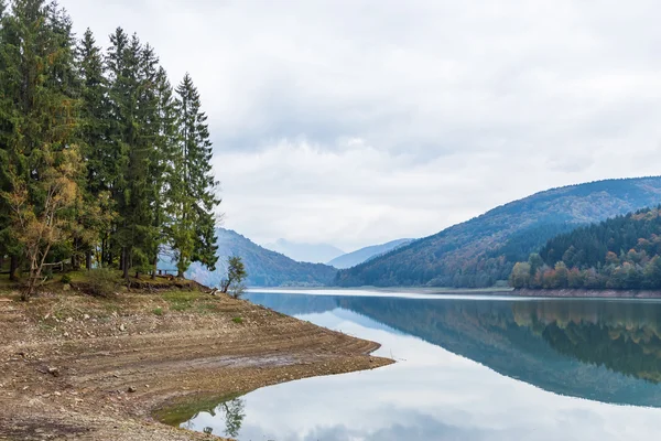 Ağaçları ve güzel bulutlu gökyüzü sonbaharda yansıtan ile dağ gölü