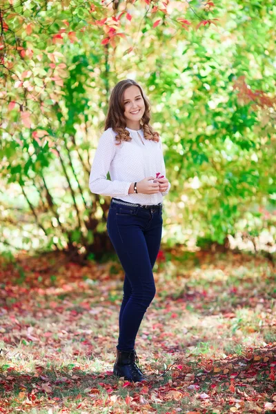 Young beautiful woman. Beauty smiling teenager girl in autumn park — Stock fotografie