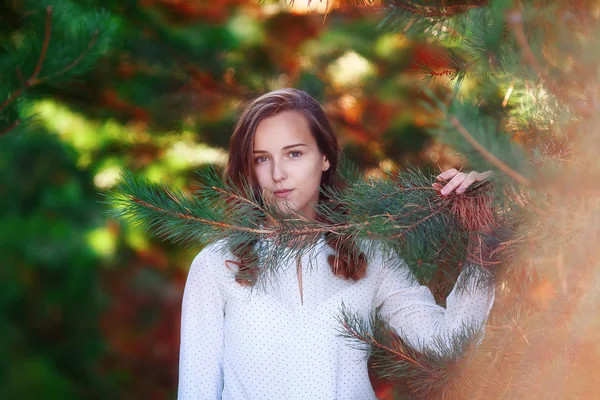 Beleza jovem, wooman bonito no parque brilhante do outono perto do abeto — Fotografia de Stock
