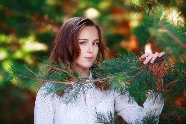 Retrato de menina bonita jovem em ramos de abeto verde — Fotografia de Stock