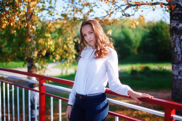 Jovencita. Chica de belleza en colorido soleado parque de otoño — Foto de Stock