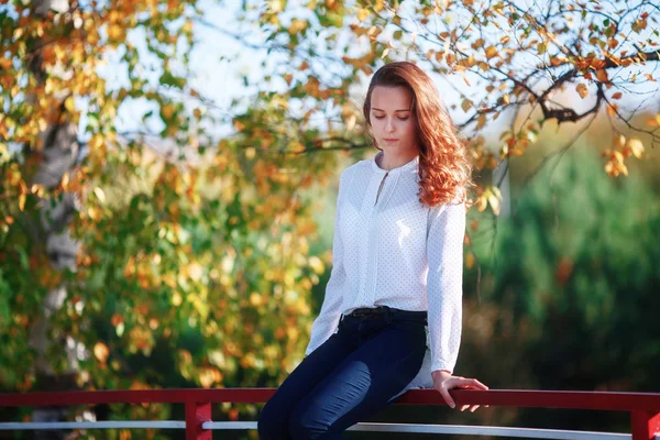 Attraktive junge Frau sitzt im bunten Herbstpark — Stockfoto