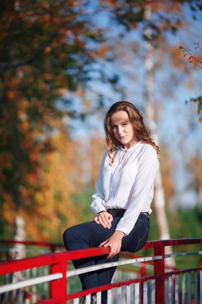 Atrakcyjna, młoda kobieta, w słońcu. Kolorowa jesień park, pionowe strzelać — Zdjęcie stockowe