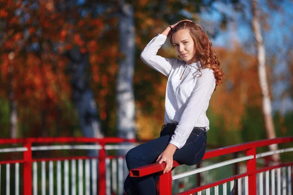 Atraktivní mladá žena, sedící v barevné podzimní park — Stock fotografie