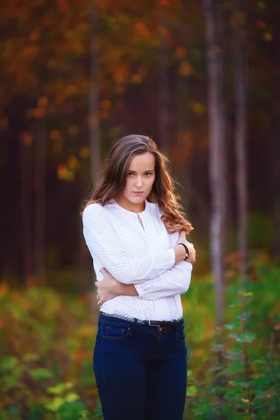 Az őszi erdő gyönyörű nőt. Fiatal barna lány — Stock Fotó