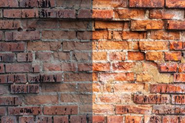 Fotoğraf öncesi ve sonrası düzenleme süreci görüntü. Tuğla duvar