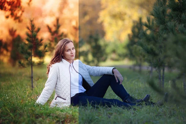 Photo before and after the image editing process. Young woman — Stock Photo, Image