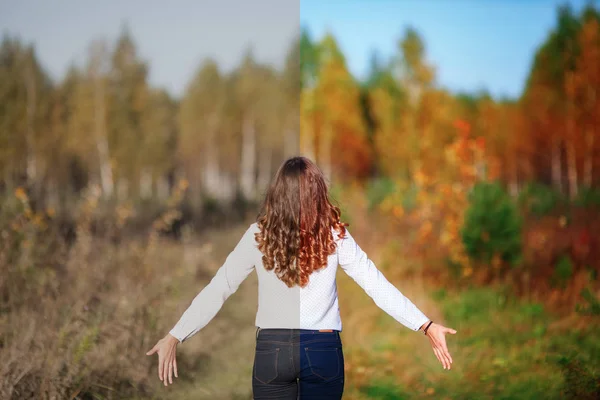 Photo before and after the image editing process. Young woman