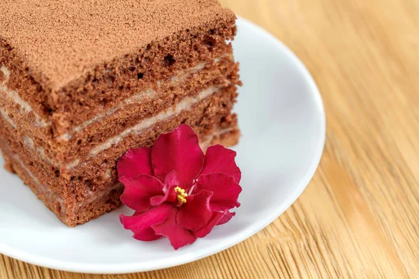 Pedazo de pastel de chocolate en plato blanco sobre mesa de madera — Foto de Stock