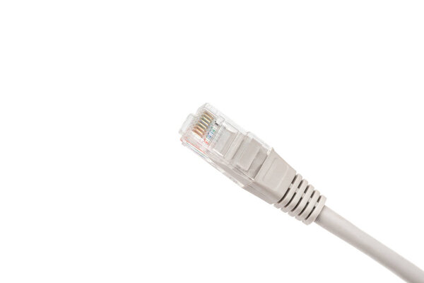 Gray computer ethernet cable isolated on white background, close-up