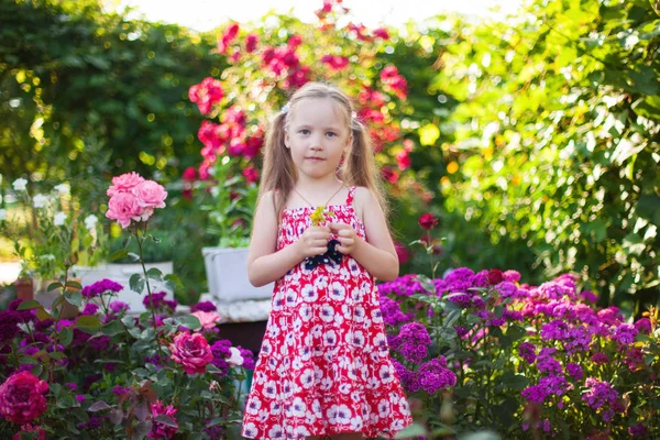 Meisje met jurk tegoed in de buurt van kleurrijke bloemen in de tuin — Stockfoto