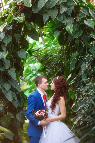 Casamento. Noiva feliz e noivo juntos no jardim. Conceito de casamento — Fotografia de Stock