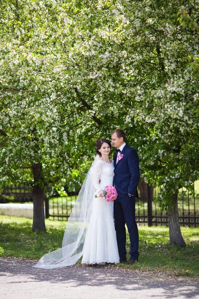 Молодий наречений і наречена з весільним букетом в квітучому саду — стокове фото