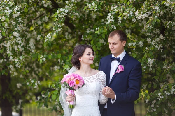 Молодой жених и невеста со свадебным букетом в цветущем саду — стоковое фото