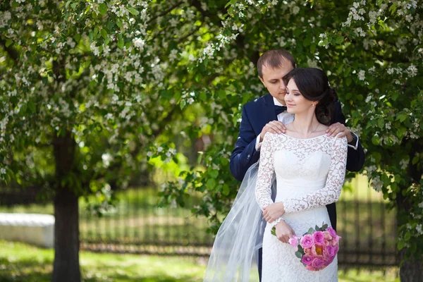 Young groom and bride with wedding bouquet in blooming garden — Stock Photo, Image