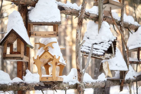 Деревянные кормушки, домики на деревьях в зимнем лесу — стоковое фото