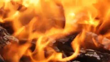 Yanan kömürlerin, parlayan kömür ve alev içinde Barbekü Izgara
