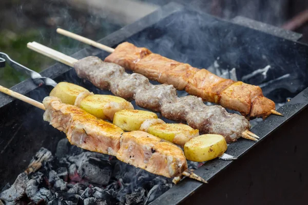 Grilling barbecue of fish, potato, pork and lula kebabs — Stock Photo, Image