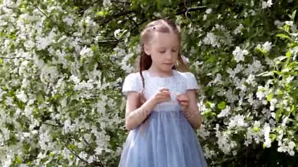 Nettes kleines Mädchen im blühenden Apfelbaumgarten im Frühling — Stockvideo
