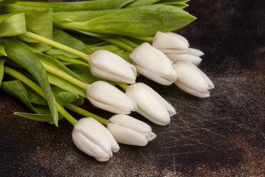 Kahverengi zemin üzerine birçok beyaz laleler