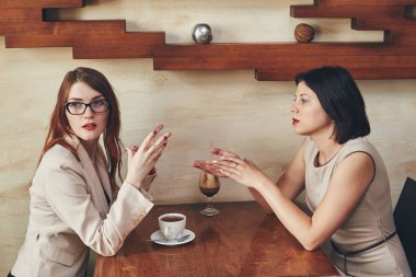 İki genç beyaz iş kadınları ile laptop, defter. Kadınlar Cafe