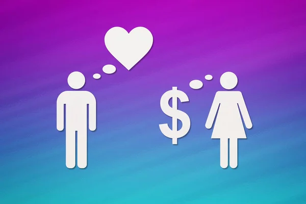 本文对夫妇，爱 vs 钱。抽象的概念形象 — 图库照片