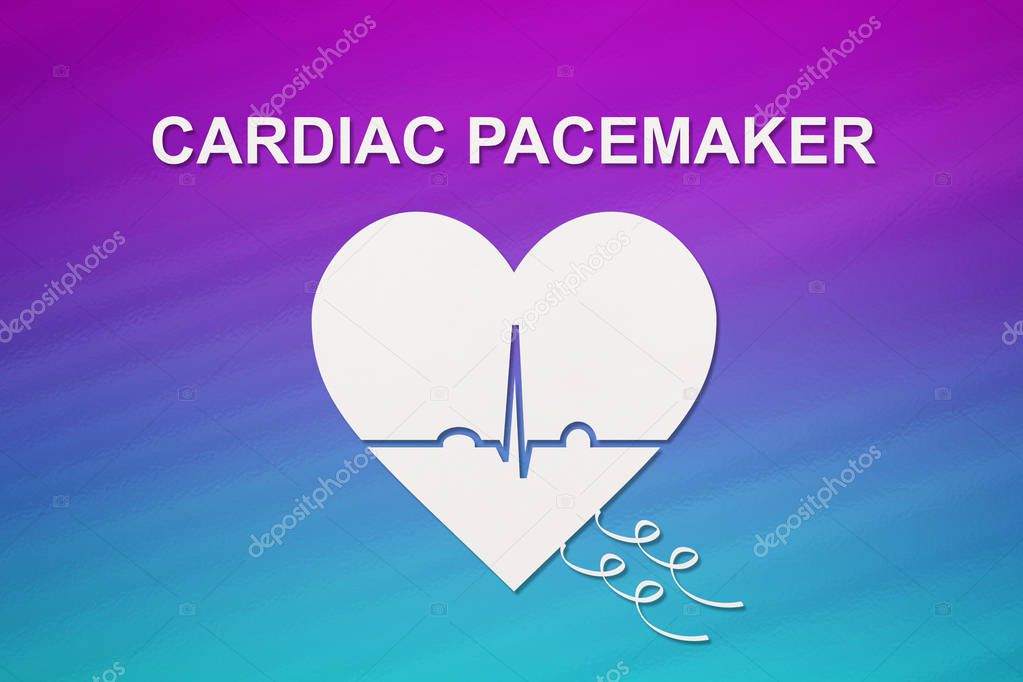 Heart shape with echocardiogram and CARDIAC PACEMAKER text. Cardiology concept