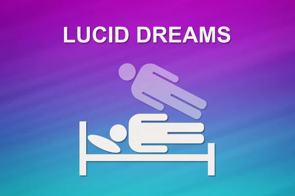 Paperi nukkuva mies sängyssä tekstin kanssa LUCID DREAMS — kuvapankkivalokuva