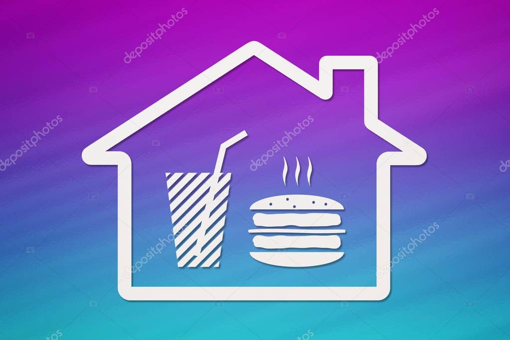 Paper house with burger and beverage inside, abstract food concept