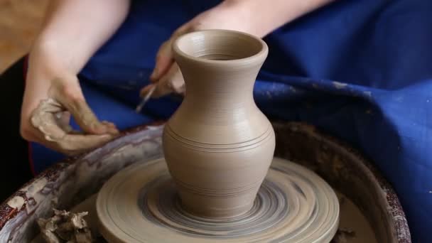 Criando jarra ou vaso de barro. Mãos de mulher, roda de oleiros — Vídeo de Stock