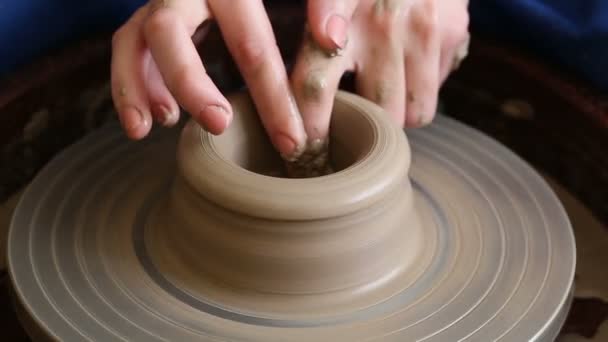 Vytváření, sklenice nebo váza z hlíny. Žena ruce, hrnčíři kola — Stock video
