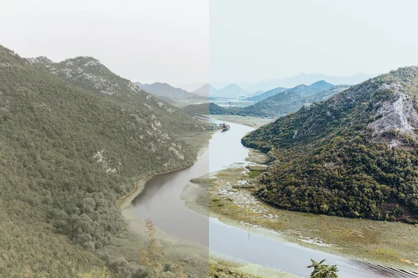 Photo avant et après l'édition d'image. Rivière et maountains — Photo