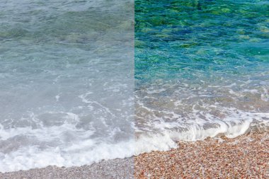 Resim düzenleme işleminden önce ve sonra fotoğraf. Deniz dalgaları