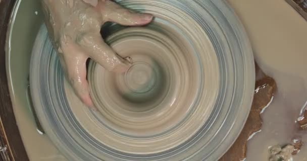 Woman Hands Pottery Wheel Potter Work Craftsman Artist Shapes Pot — ストック動画