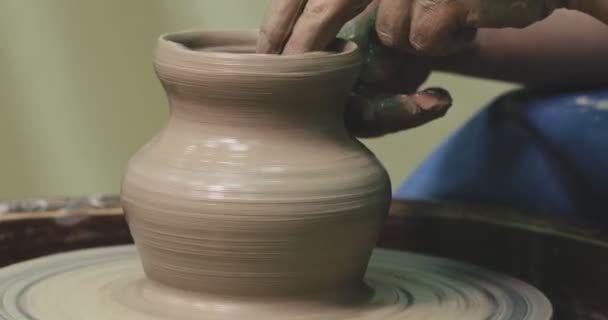 Woman Hands Pottery Wheel Potter Work Craftsman Artist Shapes Pot — Stock Video