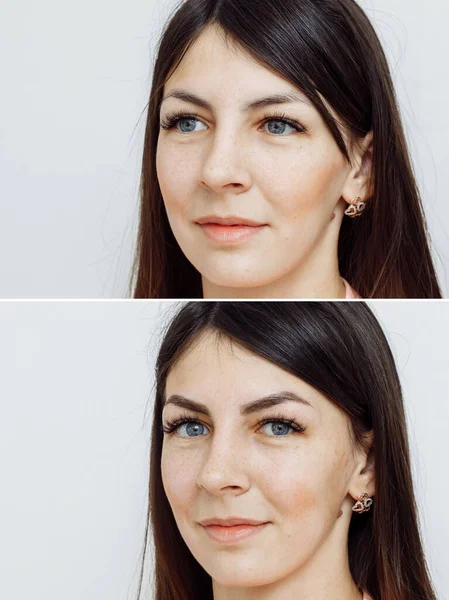 Φωτογραφία σύγκριση πριν και μετά τη μόνιμη μακιγιάζ, τατουάζ φρυδιών — Φωτογραφία Αρχείου