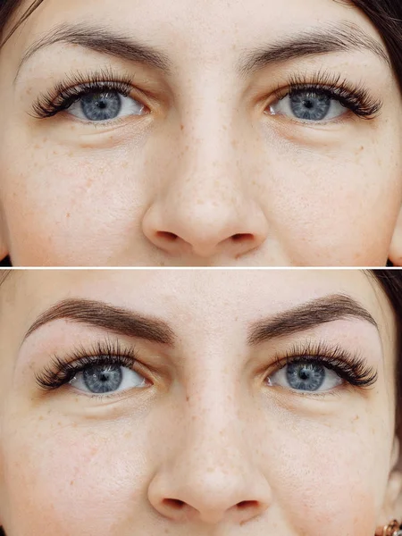 Photo comparison before and after permanent makeup, tattooing of eyebrows — Stock Photo, Image