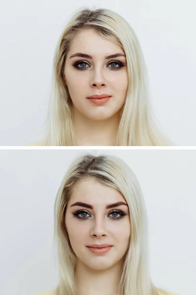 Foto vergelijking voor en na de permanente make-up, tatoeage van wenkbrauwen — Stockfoto